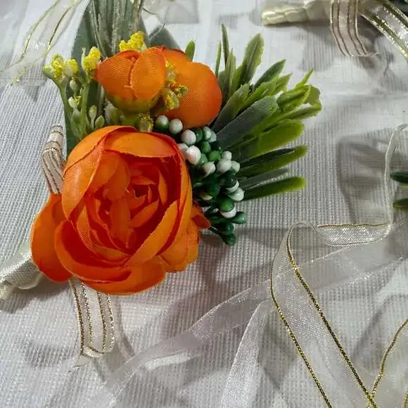 Orange Silk Rose Boutonniere and Wrist Corsage Set - Picture 3 of 8